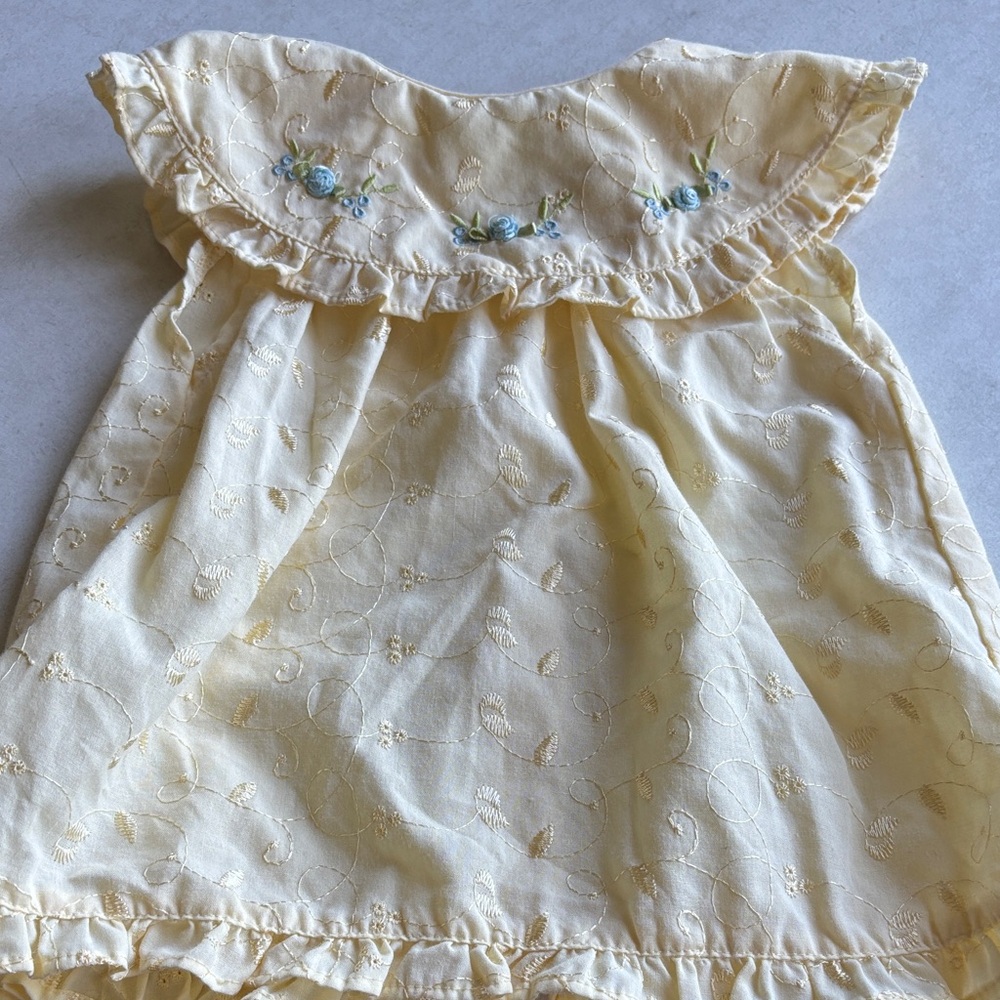 Yellow Embroidered Baby Dress with Blue Rose Detail